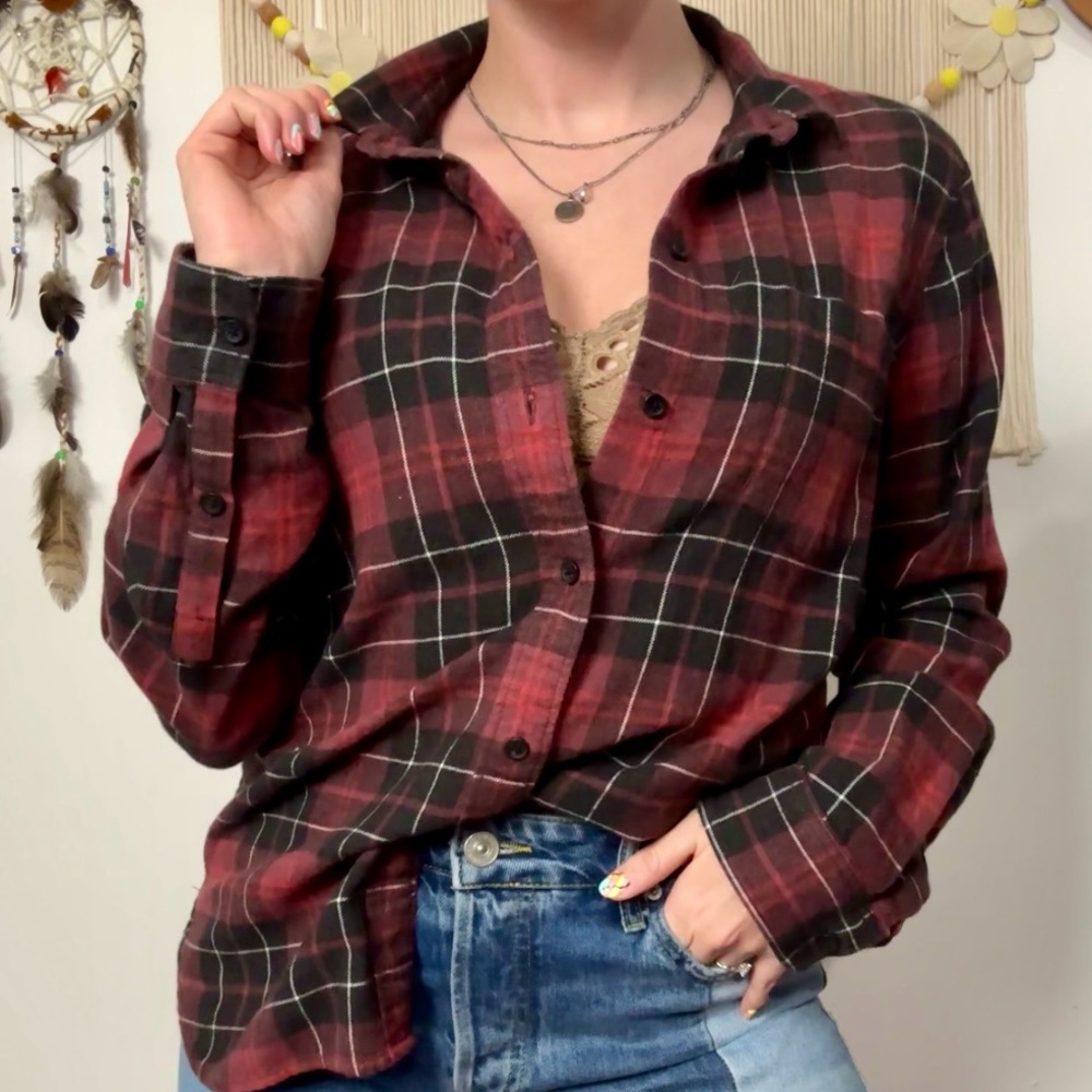Madewell 100% Cotton Slim Plaid Button Down Long Sleeve Maroon Black Size Large